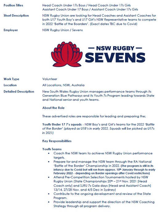 NSW 7s Coaches Applications Open
 NSWRU