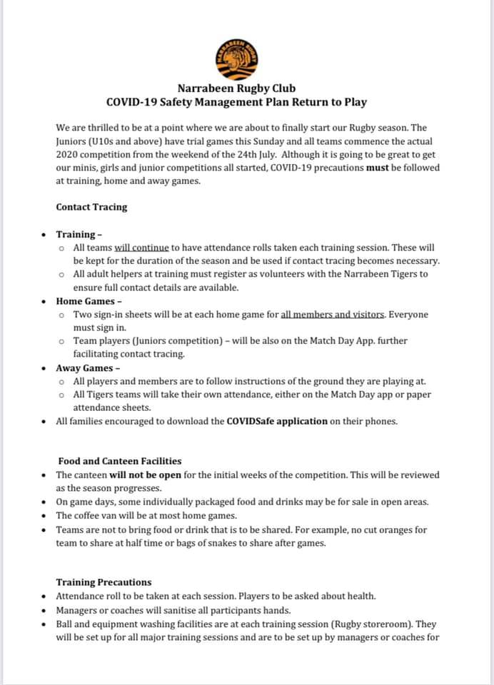 NARRABEEN TIGERS • COVID -19 SAFETY MANAGEMENT PLAN  With the start of games in ...
