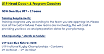 Image may contain: text that says "U19 Head Coach & rogram Coaches NSW Gen Blue ሀ19 19-2 Teams Training Requirements: Training programs vary according to the team you are applying for. Please look at the below fixtures these teams are involved in. this will assist in providing you lead up and preparation dates for your planning. Championship Match Schedule: ሀ19 Gen Blue Fixtures 2021: 019 National Rugby Championships Canberra 3rd October- 10th October"